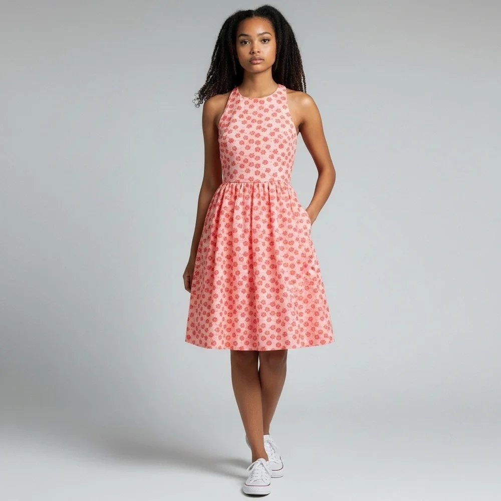 J Crew Neon Pink Floral Embroidered Halter Dress SZ 4